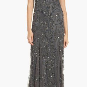 Pissaro Nights Beaded Mesh Column Gown in Smoke/Gray